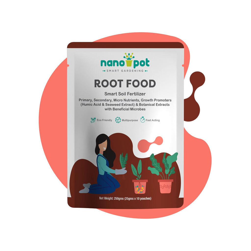 ROOT FOOD - Primary, Secondary, Micro nutrients and Growth Promoters (Humic Acid & Seaweed Extract) with Beneficial Microbes | For All Plants | 250gm (25gm x 10 pouches)